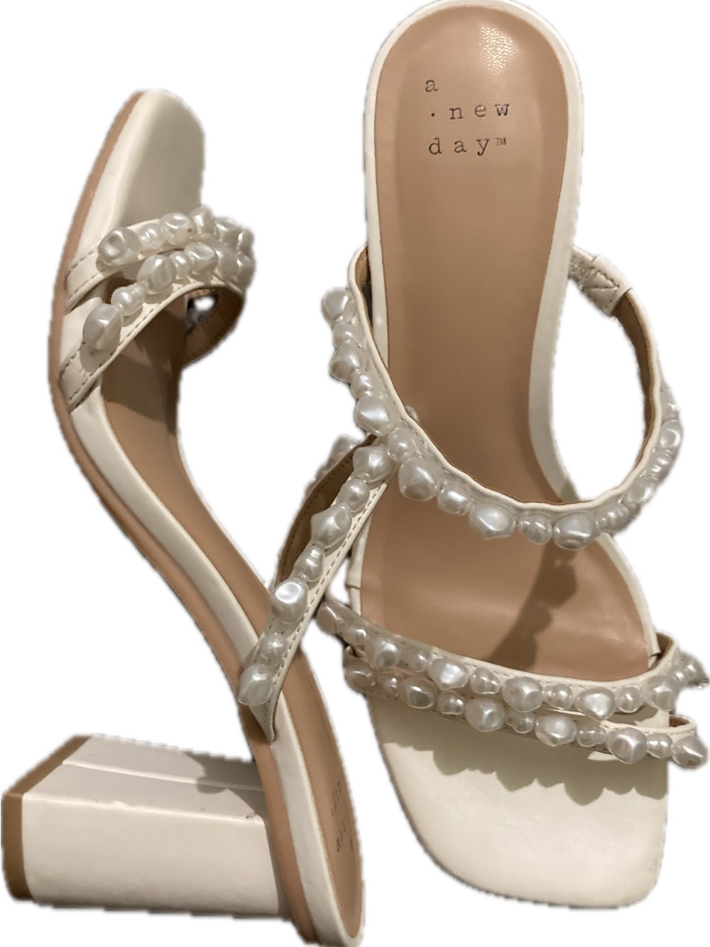 A New Day White Pearl- Embellished Block Heel Sandals Women’s Size 6.5